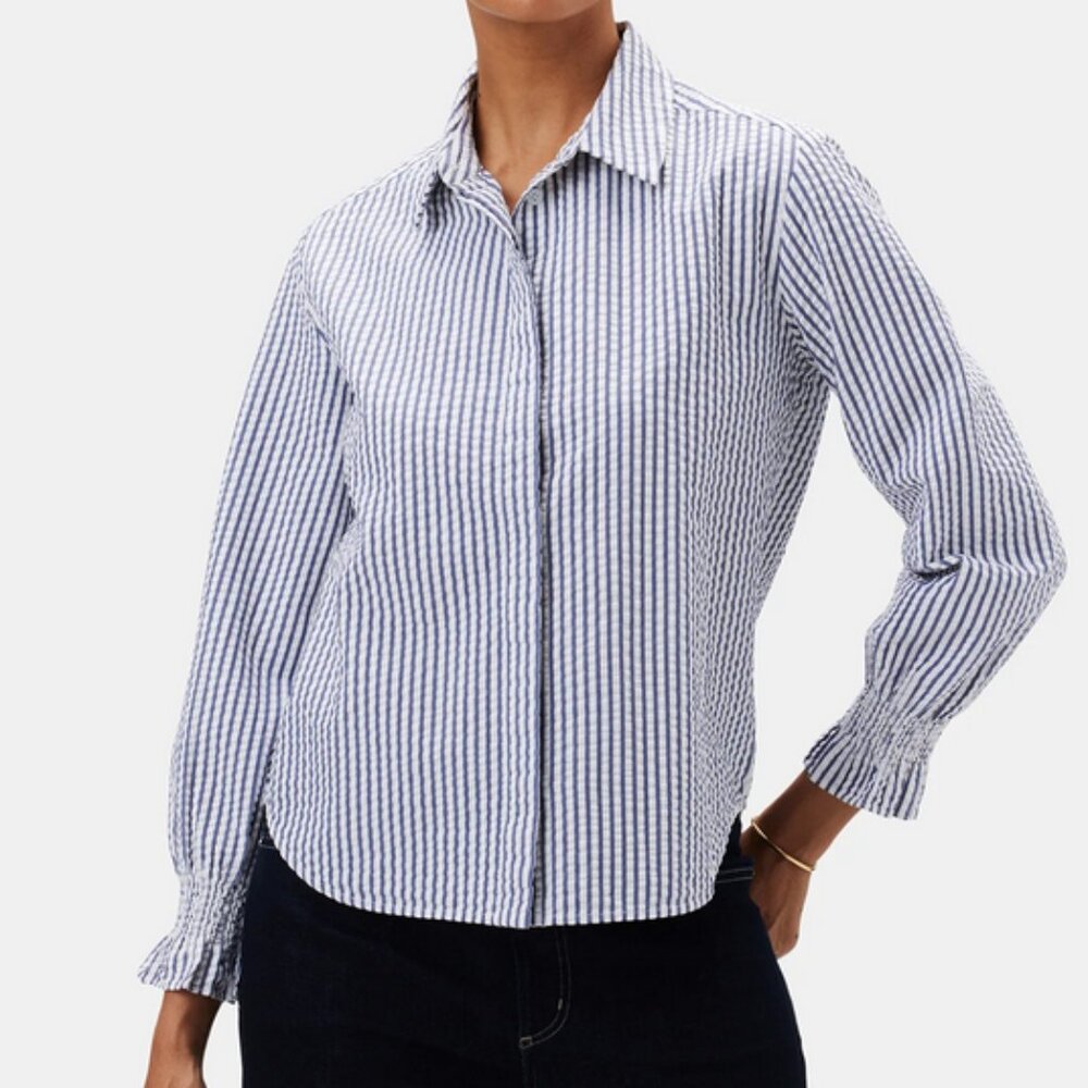 NWT Amour Vert Bixby Seersucker Blouse Size S in Brittany Stripe Blue